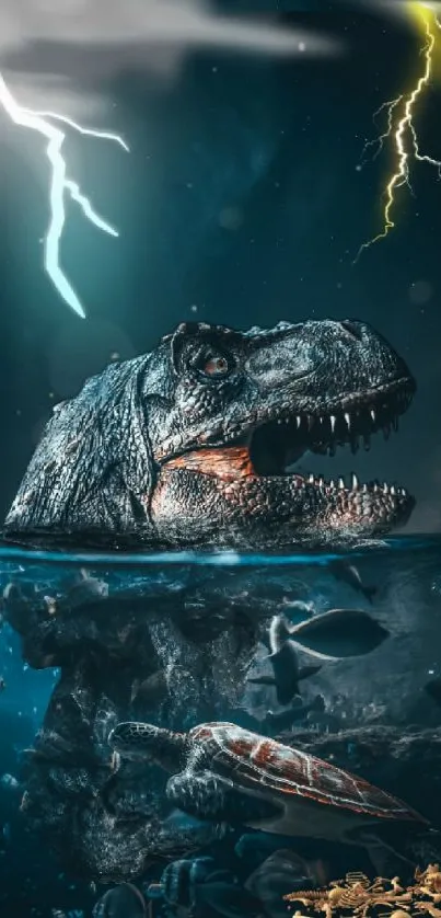 T-Rex emerges from ocean amidst lightning.