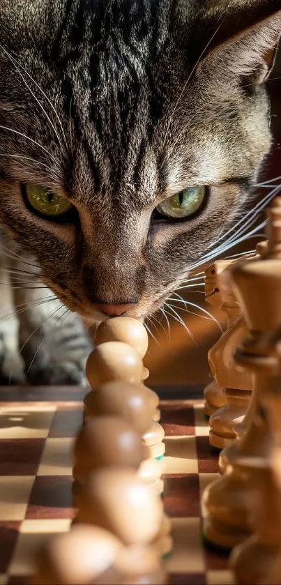 Curious tabby cat examining chess pieces on a sunlit wooden chessboard.