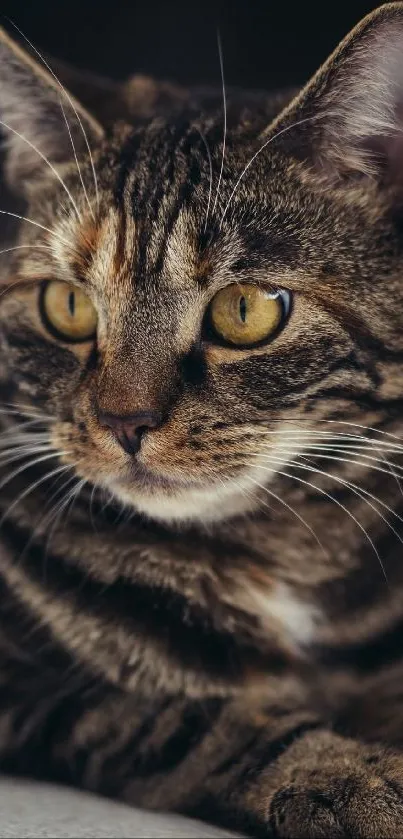 Close-up of a tabby cat with striking eyes, captured as a mobile wallpaper.