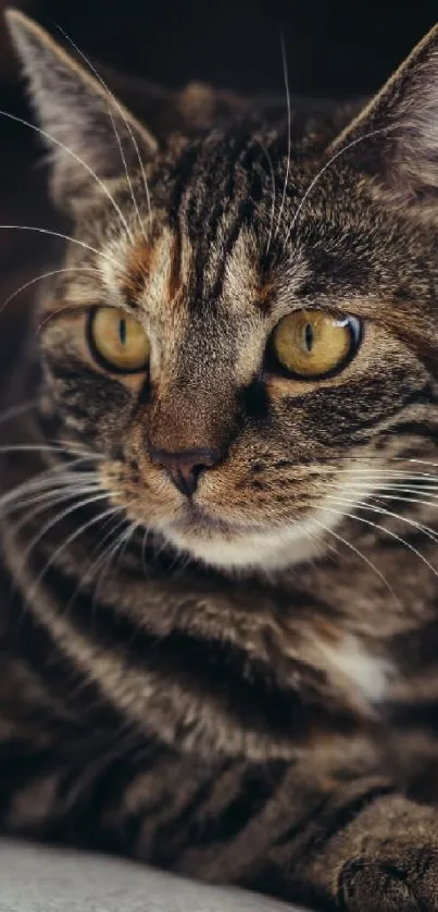 Close-up of a tabby cat with striking stripes and yellow eyes.