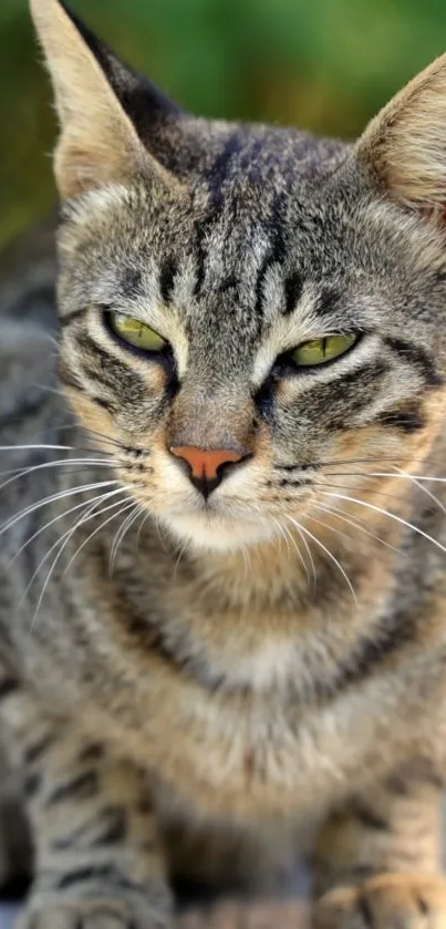 Close-up of a tabby cat with green eyes, ideal for phone wallpaper.