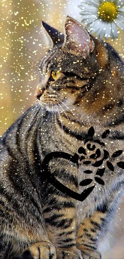 Tabby cat with a daisy on its head against a natural background.