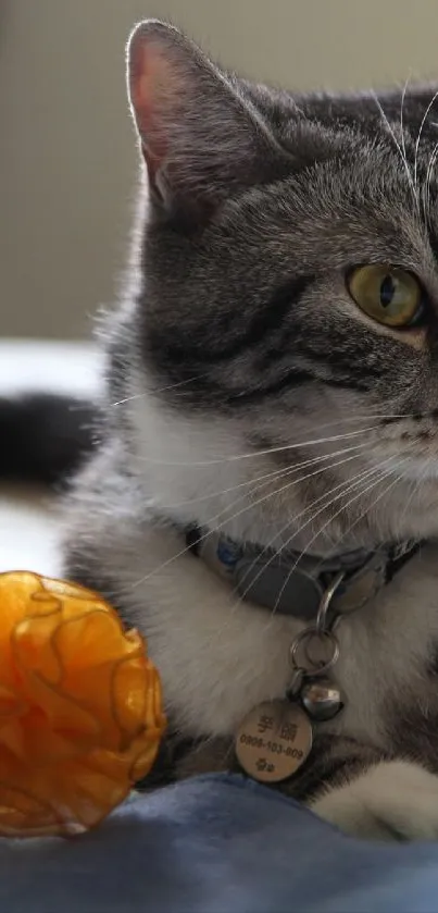 Tabby cat relaxes with orange toy and blue blanket.