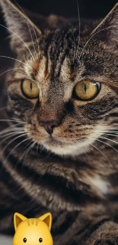 A tabby cat with golden eyes rests beside a cute toy emoji.