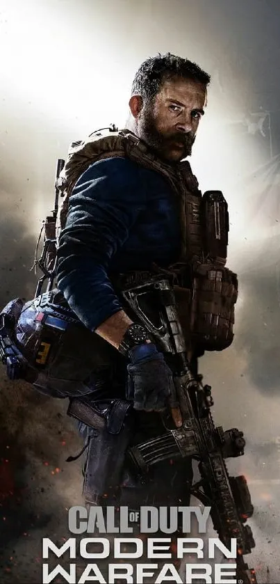 Gritty tactical character with gun in mobile wallpaper.