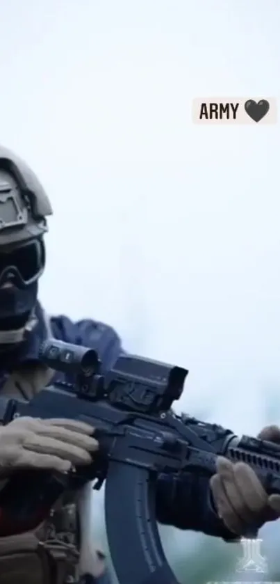 Tactical soldier in combat gear with rifle in blue-toned background.