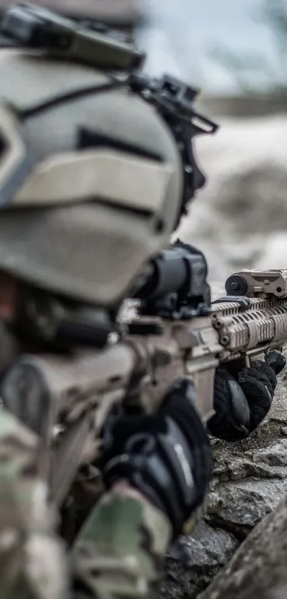 Army sniper in tactical gear aiming.