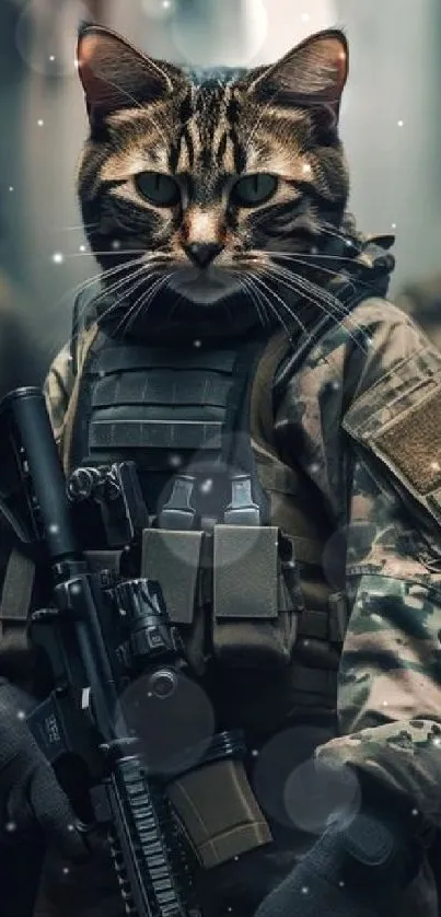 Cat in military gear stands ready in an urban setting, blending adventure and fun.