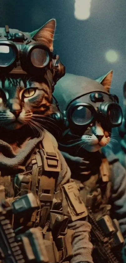 Cats in tactical gear with night vision, dark setting.