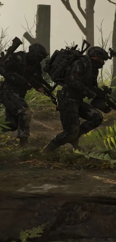 Tactical commandos in a dense forest setting, ready for action.