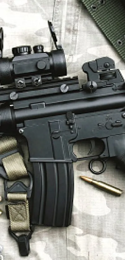 Display of tactical firearms with ammo on a rugged surface background.