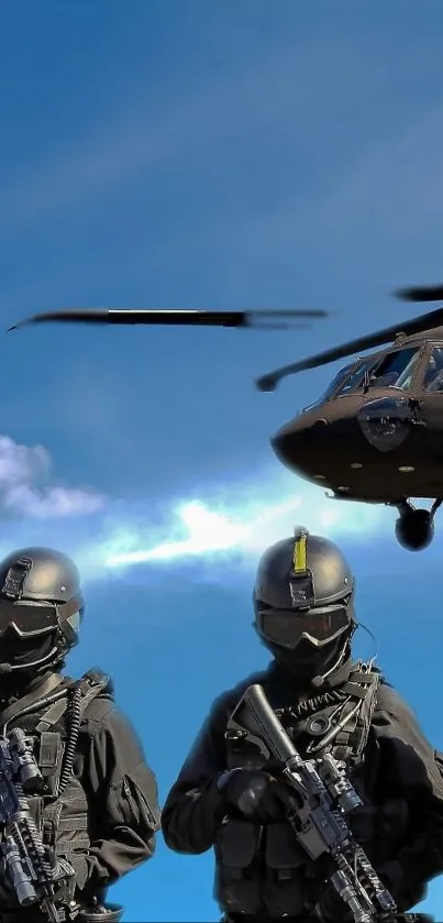 Tactical military forces with helicopter and blue sky background.