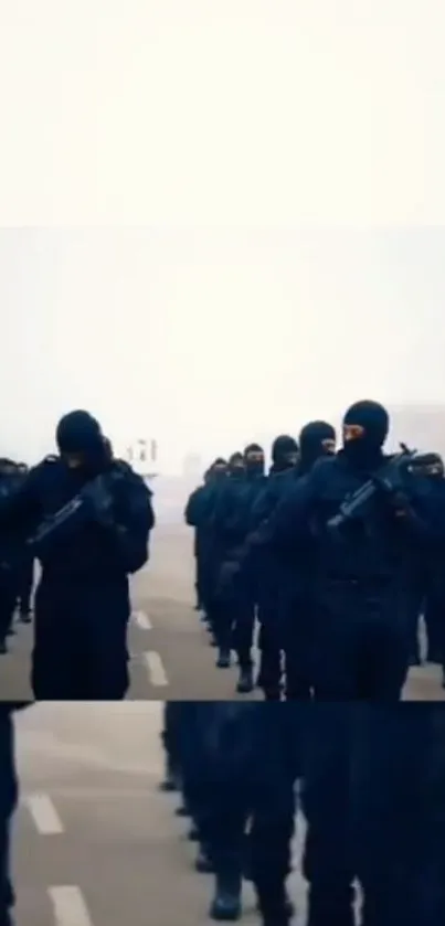 Tactical team marching in formation on a foggy day.