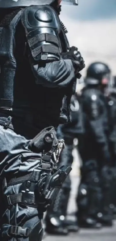 Tactical police officers in gear line up.