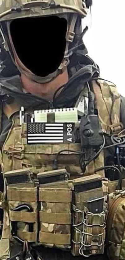 Camouflaged tactical gear with flag patch and accessories.