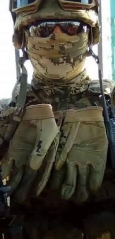 Soldier in tactical gear with camouflage uniform and equipment.