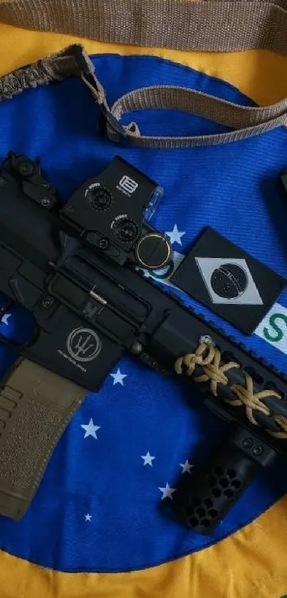 Tactical firearm displayed on a vibrant Brazilian flag background.