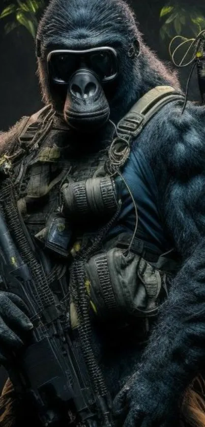 Tactical gorilla in military gear on a dark background.