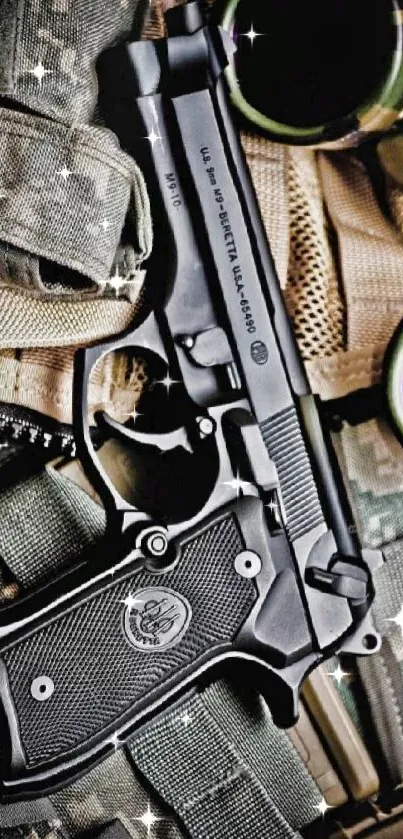 Black handgun resting on camouflage gear with military aesthetic.