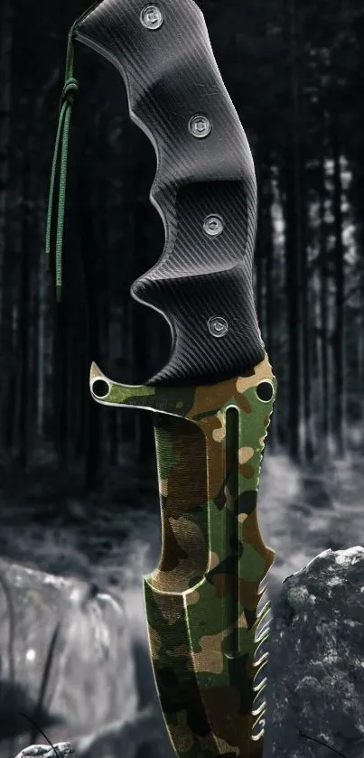 Camouflage tactical knife in dark forest setting wallpaper.