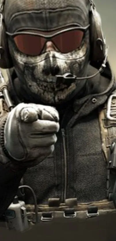 Tactical soldier with skull mask in dark gear.