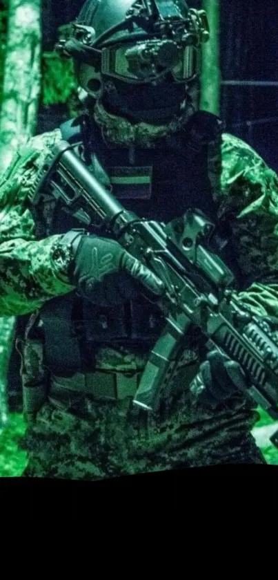 Soldier in tactical gear at night in forest setting.