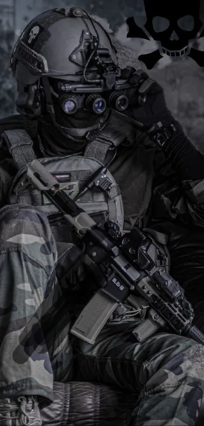 Tactical soldier with gear in dark setting.