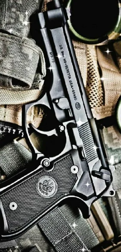 Tactical pistol and military gear mobile wallpaper.