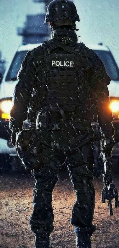 Tactical police officer standing with gear in a dramatic urban setting at night.