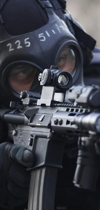 Tactical operative in full gear aiming in a dynamic scene.