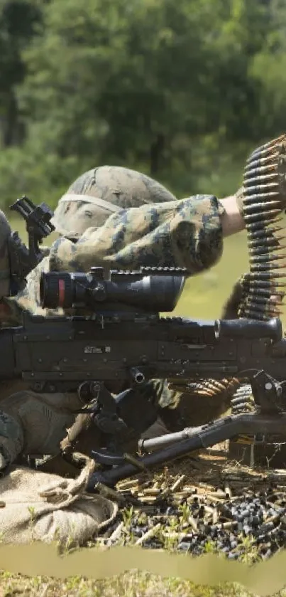 Soldier aiming weapon in tactical camouflage gear outdoors.