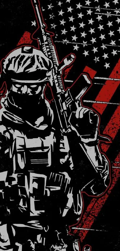 Tactical soldier illustration with black, red, and white hues.