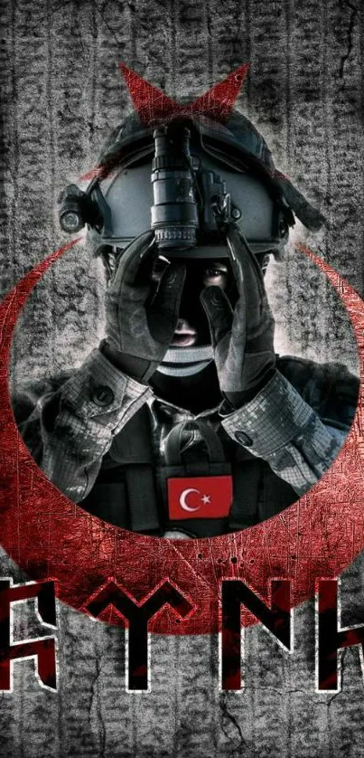 Tactical soldier with night vision goggles and red crescent in artistic wallpaper.