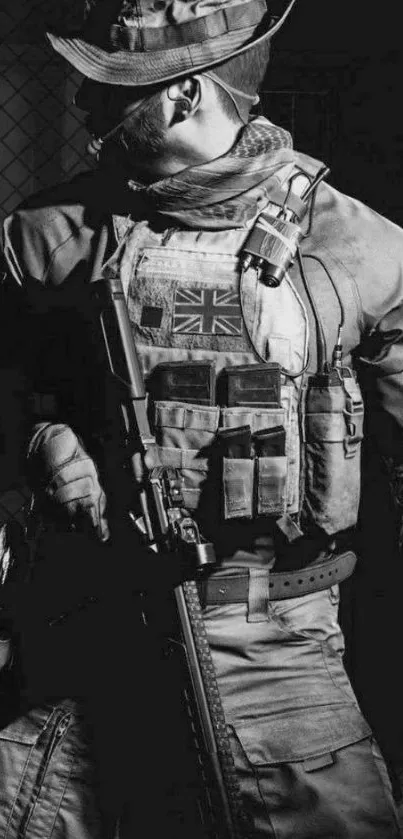 Black and white image of tactical soldier ready in combat gear.