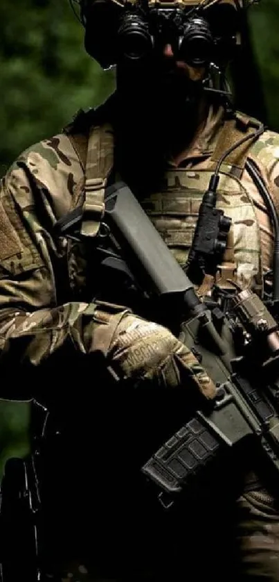 Soldier in tactical gear with camouflage, holding a rifle in a forest setting.