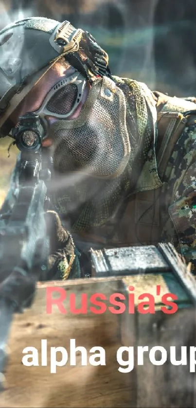 Tactical soldier in camouflage aiming rifle for action.