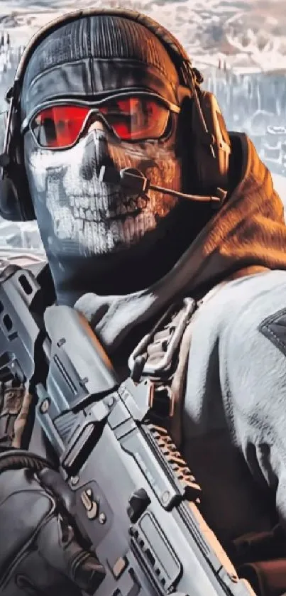 Soldier with mask and headset holding a rifle in a gaming wallpaper.