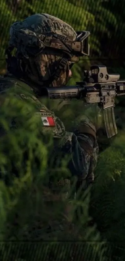 Camouflaged soldier with rifle in forest setting.