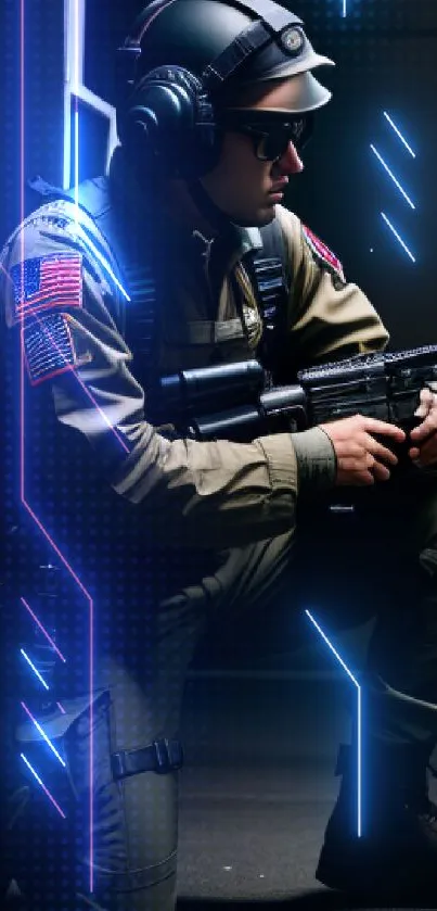 Tactical soldier kneeling with gear in dim light.