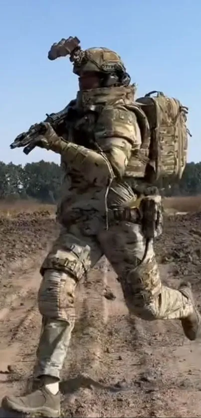 Soldier in tactical gear running on a battlefield