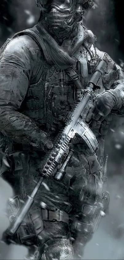 Realistic depiction of a tactical soldier in action, gray tones dominate the scene.