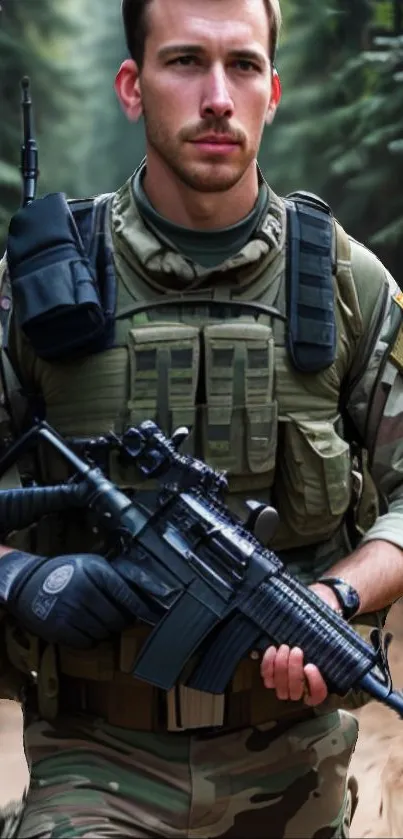 Soldier in camouflage gear walking through a forest path.