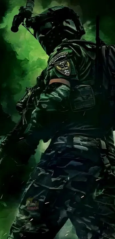 Tactical soldier standing in green aura with gear.