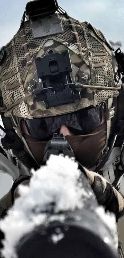 Tactical soldier in snow with gear aiming forward.