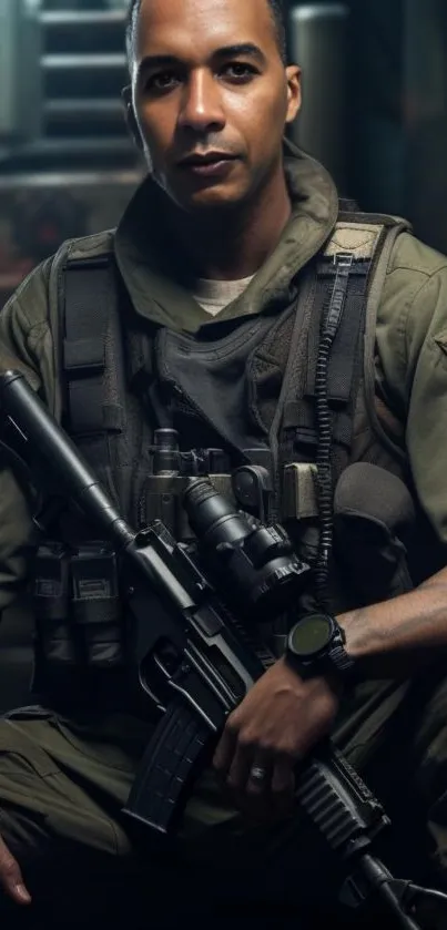 A focused soldier in tactical gear holding a rifle, set in subdued lighting.