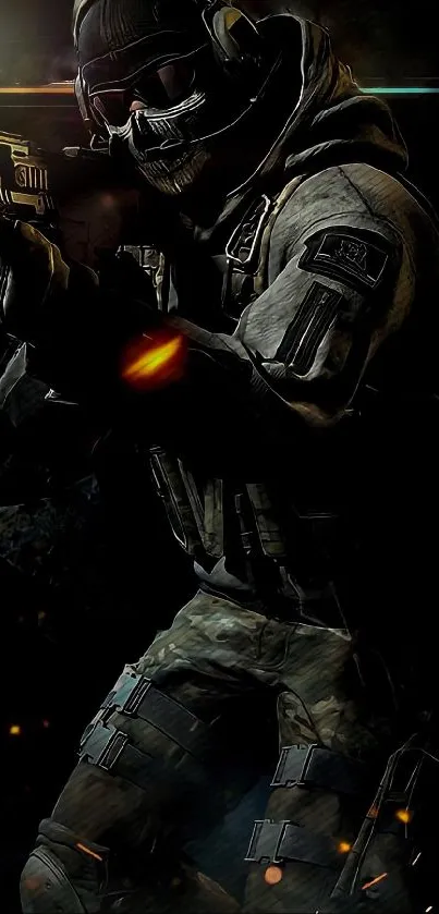 Tactical soldier in action with dynamic lighting and dark backdrop on mobile wallpaper.