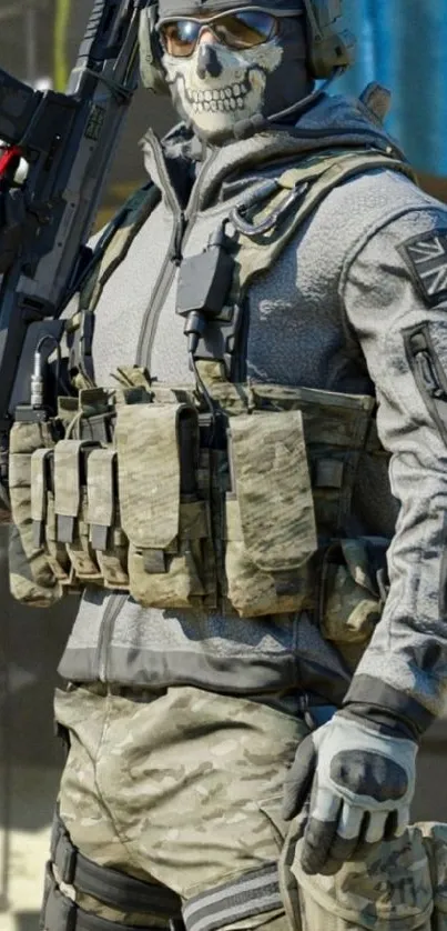 Tactical soldier in camo with black mask and gear.