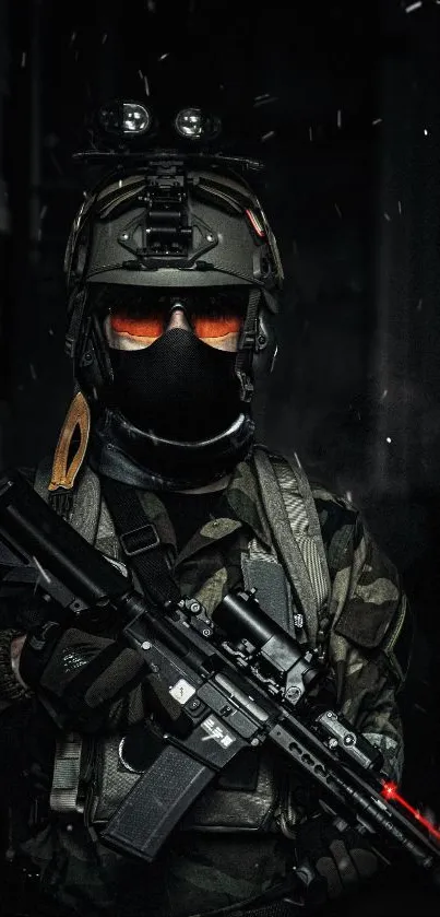 Tactical soldier in full gear with black background and laser scope.