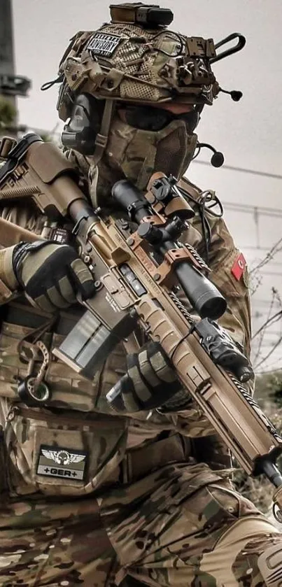 Tactical soldier in full gear holding a precision rifle in a battlefield setting.