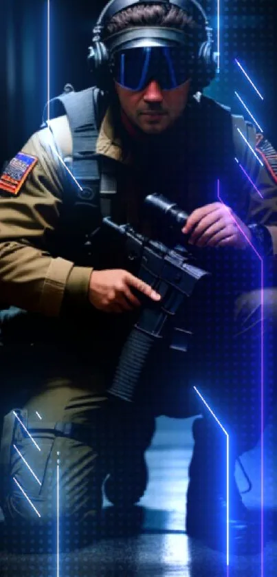 Tactical soldier kneeling in a dimly lit hallway with gear.